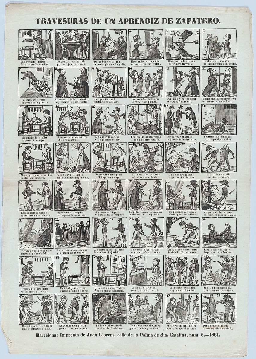 Broadside with 48 scenes depicting the antics of the shoemaker's apprentice, José Noguera (Spanish, 19th century), Wood engraving 