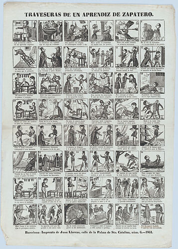Broadside with 48 scenes depicting the antics of the shoemaker's apprentice