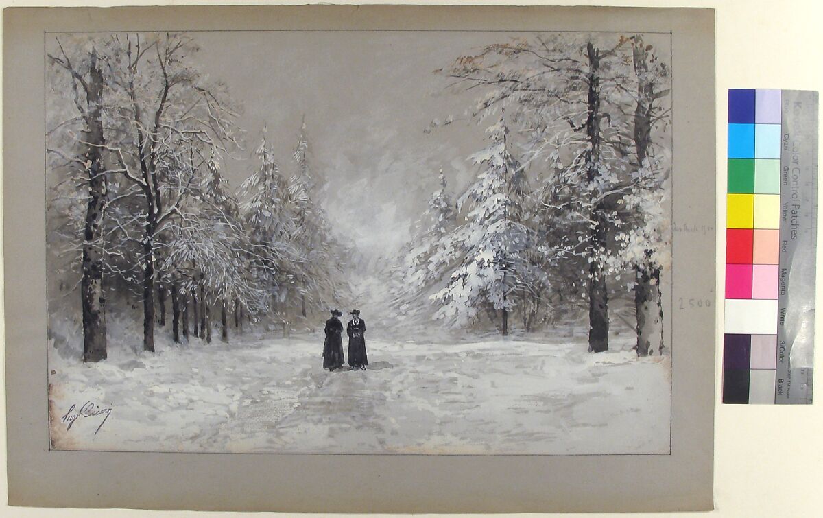 Winter Scene with Two Men, Eugène Cicéri (French, Paris 1813–1890 Fontainebleau), Watercolor over graphite, heightened with white; framing lines in graphite