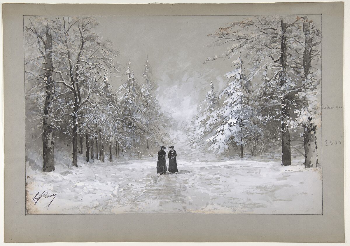 Winter Scene with Two Men, Eugène Cicéri (French, Paris 1813–1890 Fontainebleau), Watercolor over graphite, heightened with white. Framing lines in graphite 