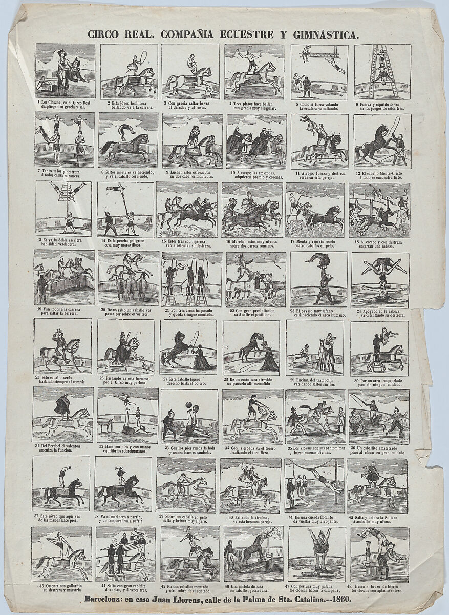 Broadside with 48 scenes depicting the equestrian and gymnastic moves of the royal circus, Juan Llorens (Spanish, active Barcelona, ca. 1855–70), Wood engraving 