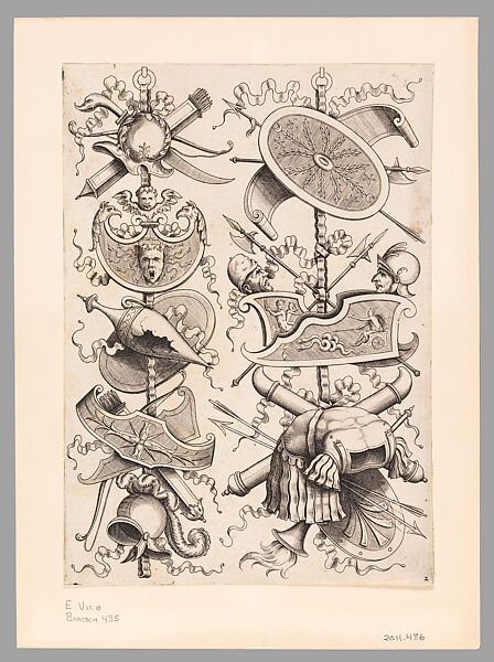 Two Armorial Trophies marked by the incorporation of a Broken Amphora on the Left, Plate 2 from the Libro de' Trofei, Anonymous, Italian  , 16th century, Engraving, Italian, Rome 