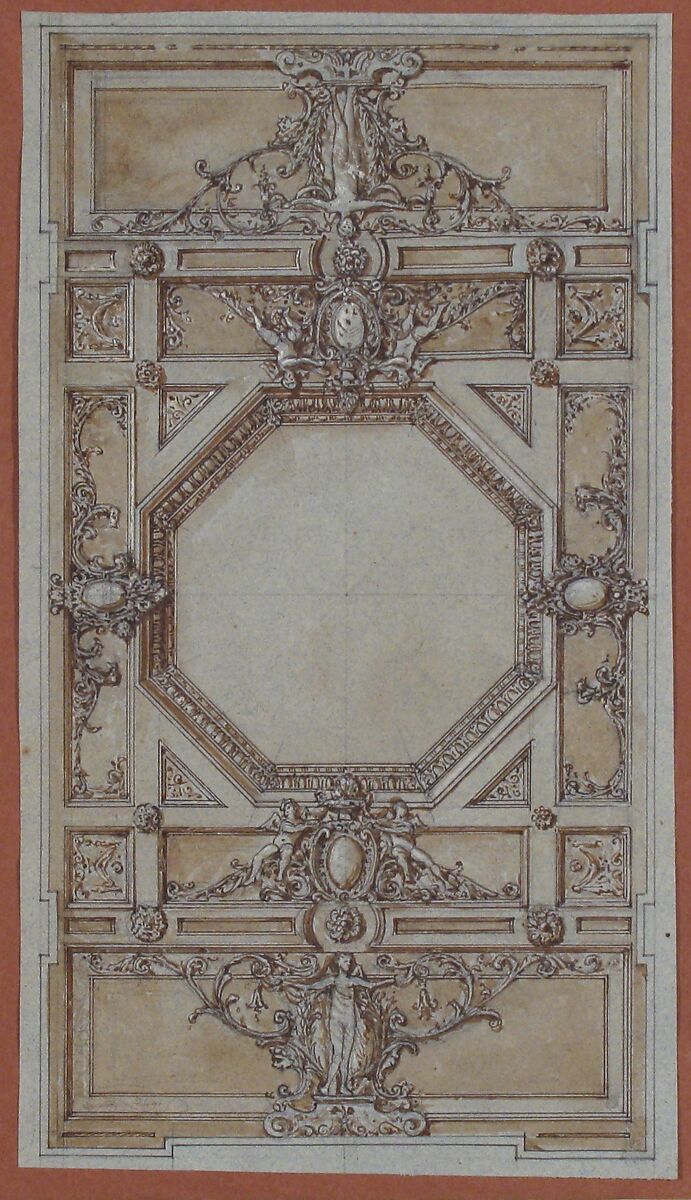 Design for Ceiling Decoration, Anonymous, French, 19th century, Pen and brown and black ink, brush and brown wash, over graphite