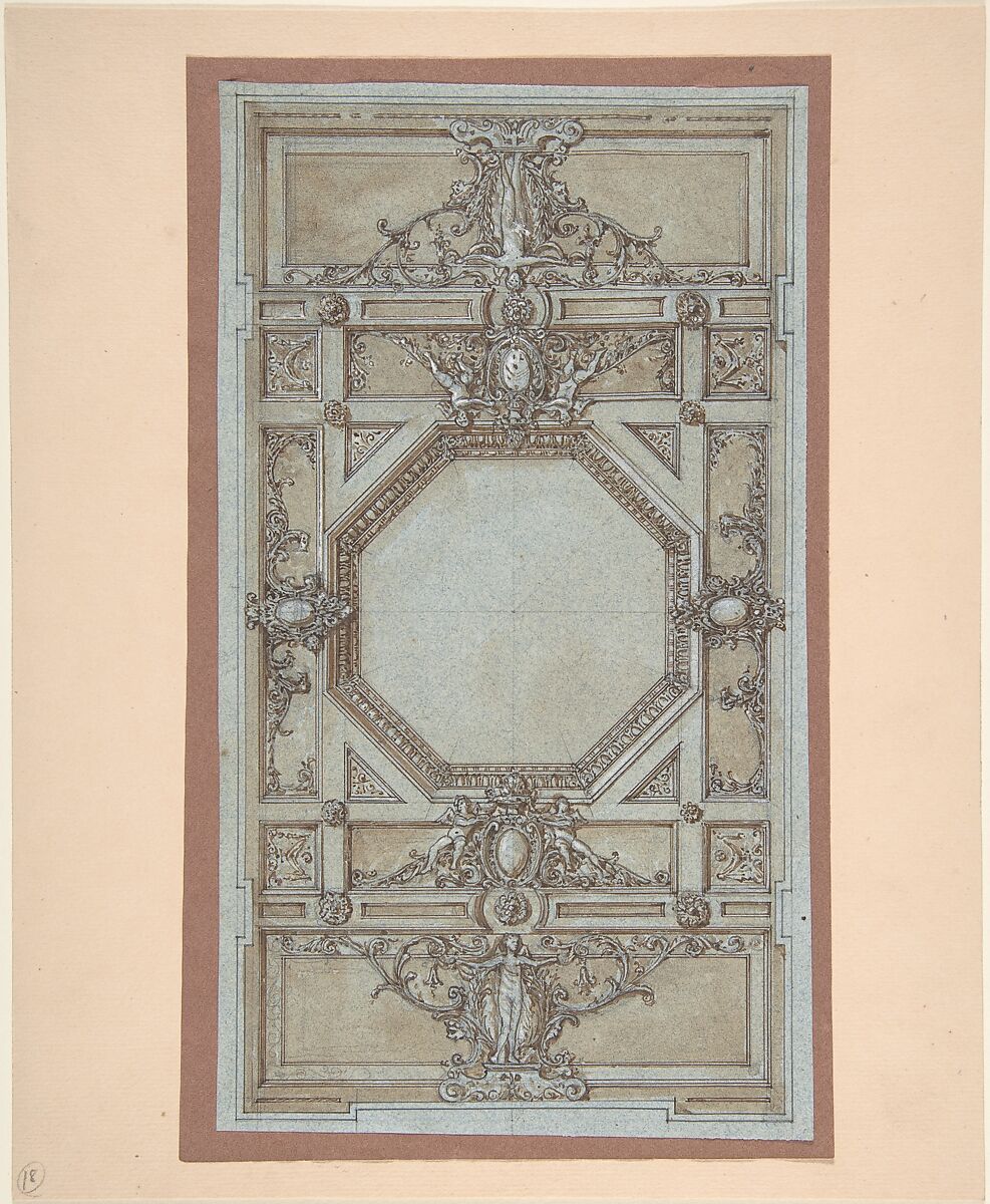 Design for Ceiling Decoration, Anonymous, French, 19th century, Graphite, pen and brown and black ink, brush and brown wash on blue paper. 