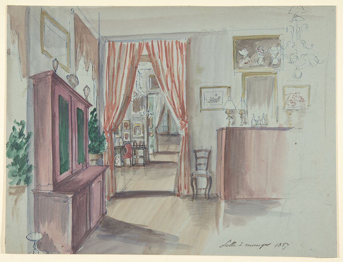 Drawing of an Interior: Salle à manger, Anonymous, French, 19th century, Graphite, pen and blue and red ink, watercolor 