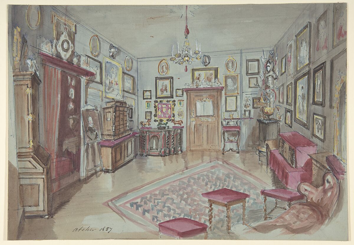 Drawing of an Interior: Atelier, Anonymous, French, 19th century, Graphite, pen and blue ink, watercolor 