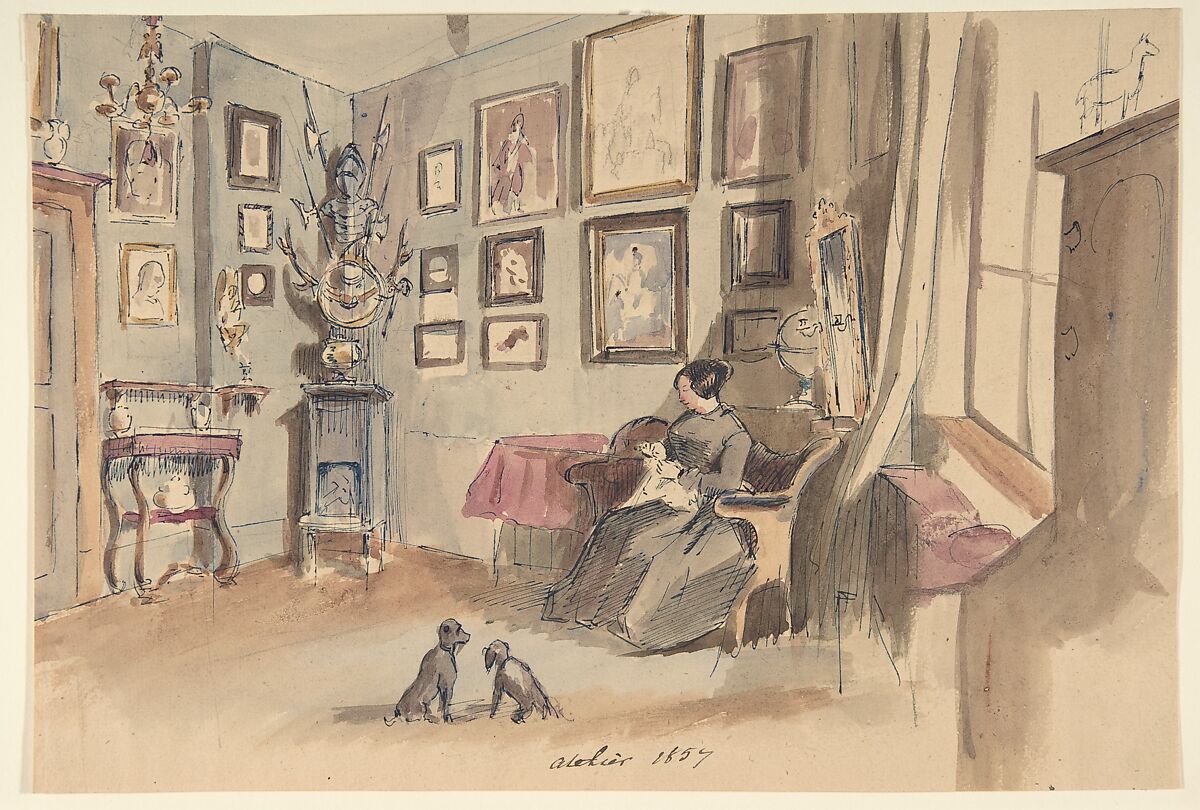 Drawing of an Interior: Atelier, Anonymous, French, 19th century, Graphite, pen and blue ink, watercolor 