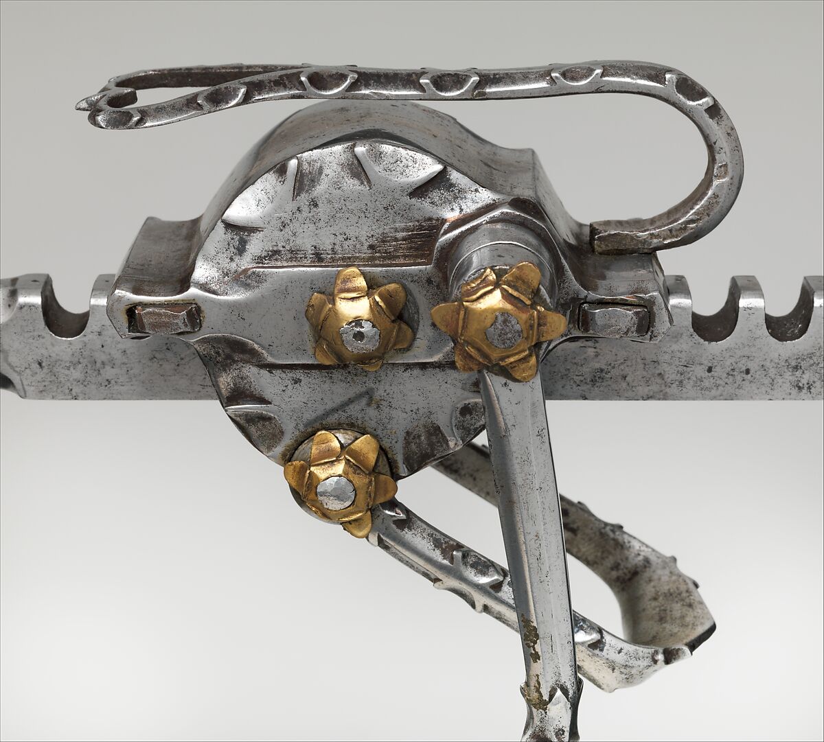 Cranequin from the Armory of Emperor Maximilan I (reigned 1493/1508–19), Steel, wood (fruitwood, possibly pear), copper alloy, Western or Central European, the Netherlands or Austria