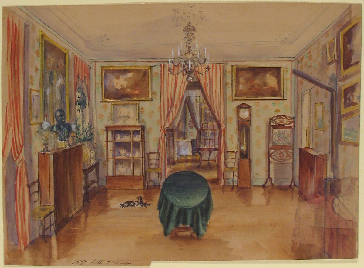 Drawing of an Interior: Salle à manger, Anonymous, French, 19th century, Graphite, pen and blue ink, watercolor