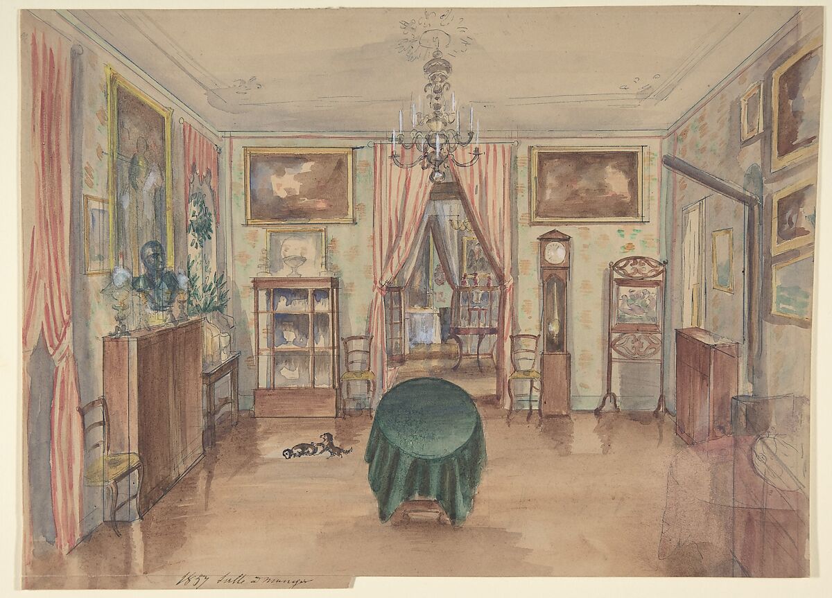 Drawing of an Interior: Salle à manger, Anonymous, French, 19th century, Graphite, pen and blue ink, watercolor 