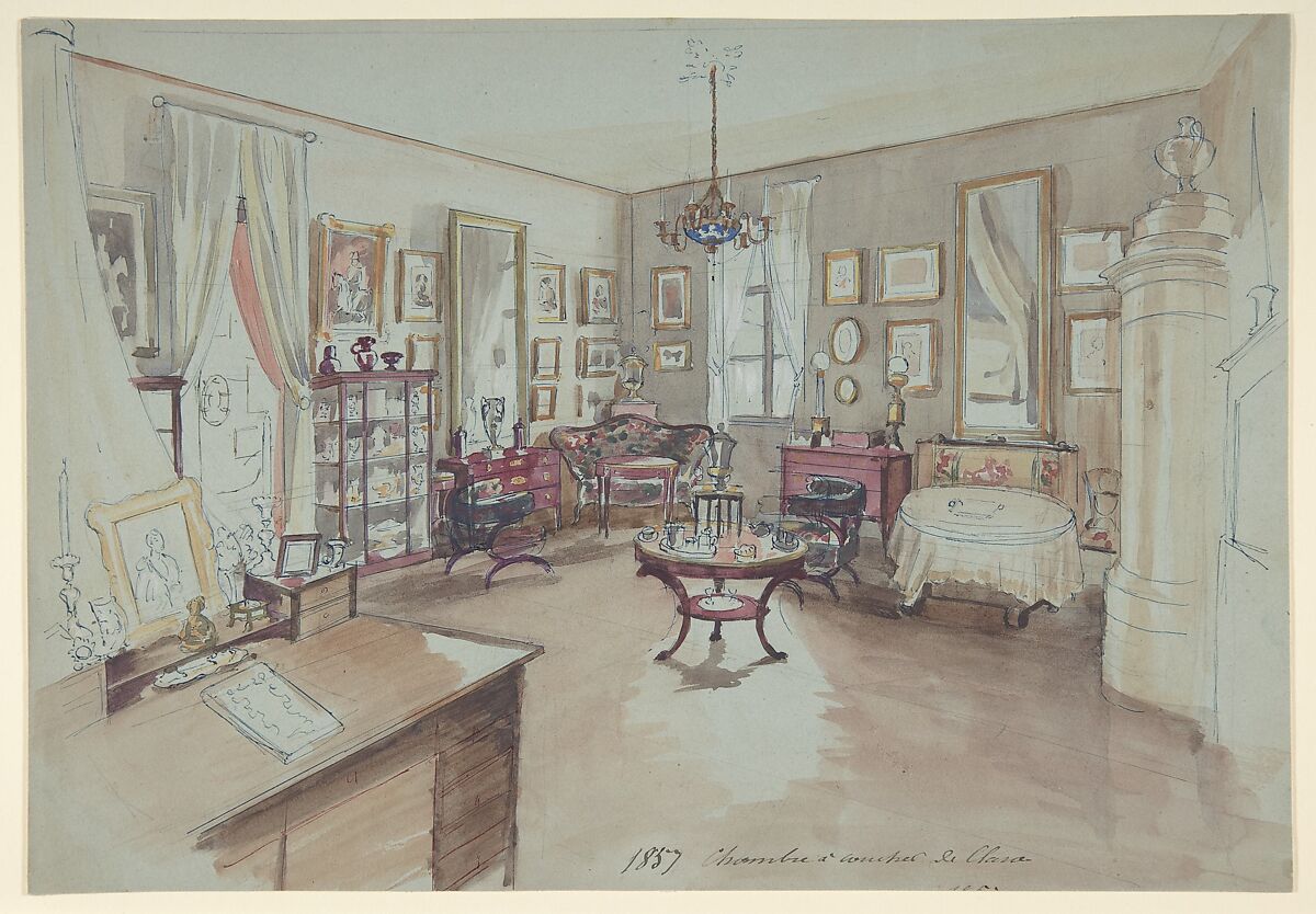 Drawing of an Interior: Chambre à coucher, Anonymous, French, 19th century, Graphite, pen and blue ink, watercolor 