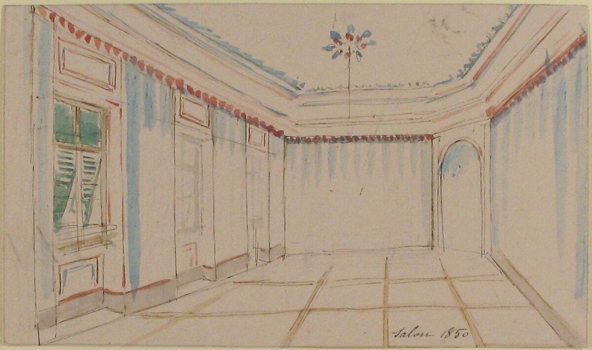 Drawing of an Interior: Salon, Anonymous, French, 19th century, Graphite, pen and brown ink, watercolor; framing lines in graphite
