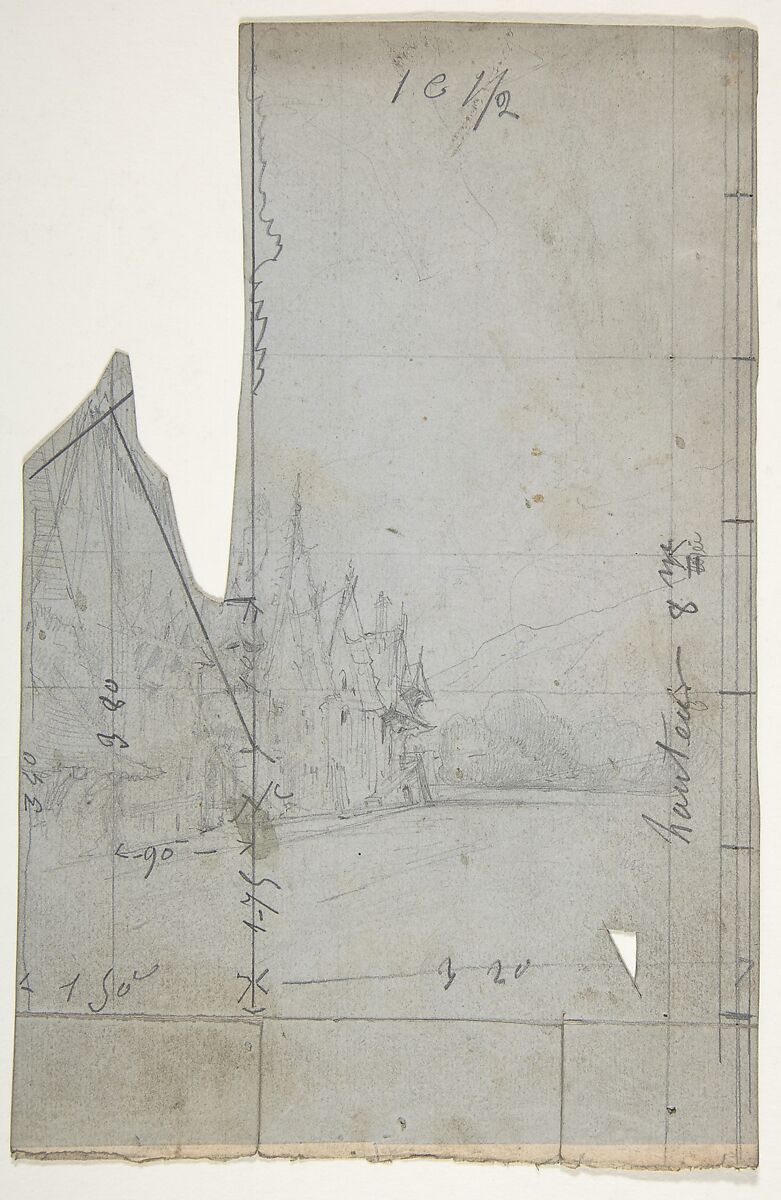 Design for a Stage Set at the Opéra, Paris, Eugène Cicéri (French, Paris 1813–1890 Fontainebleau), Graphite on blue paper 