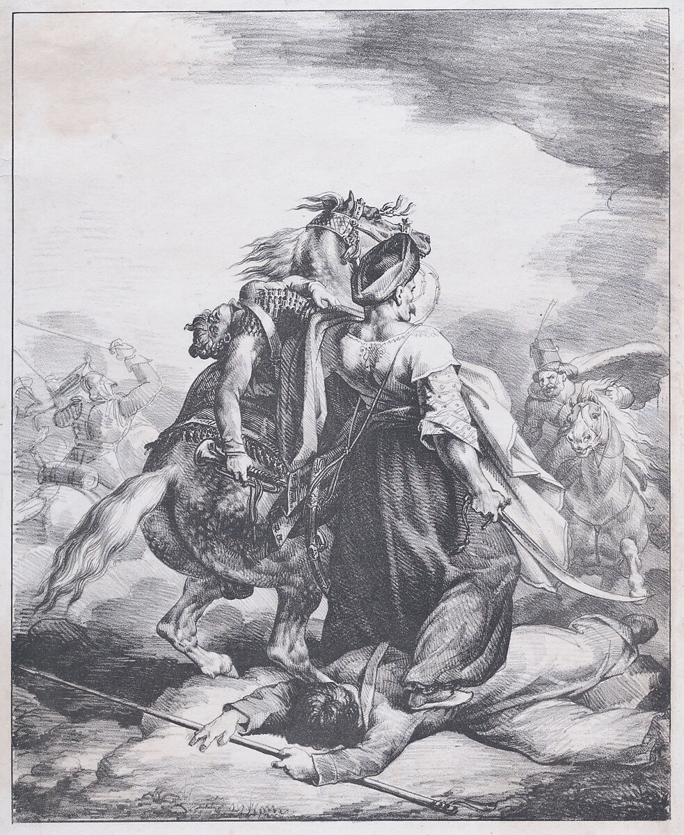 Mamluk Defending a Wounded Trumpeter, Théodore Gericault (French, Rouen 1791–1824 Paris), Lithograph 