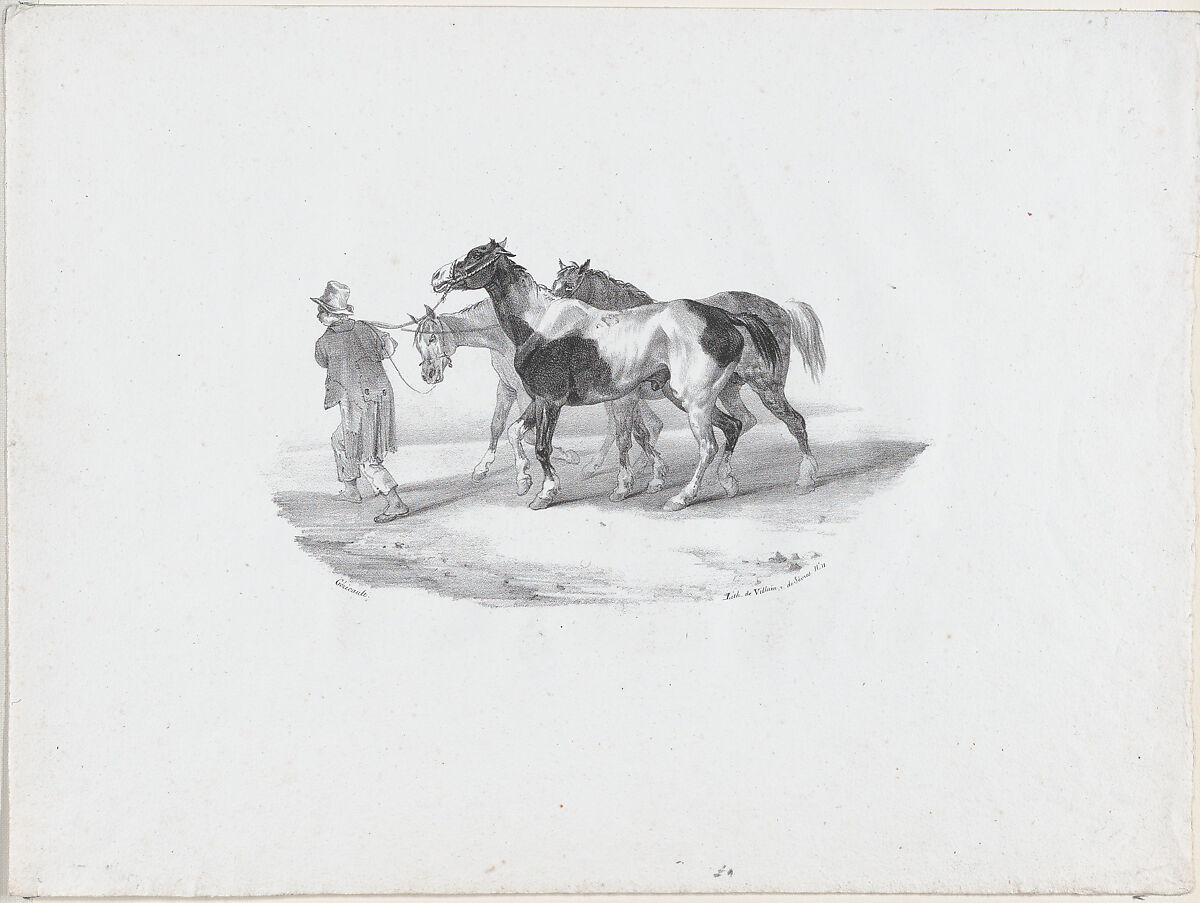 Three Horses Led by a Groom to be Skinned, Théodore Gericault (French, Rouen 1791–1824 Paris), Lithograph; second state of three 
