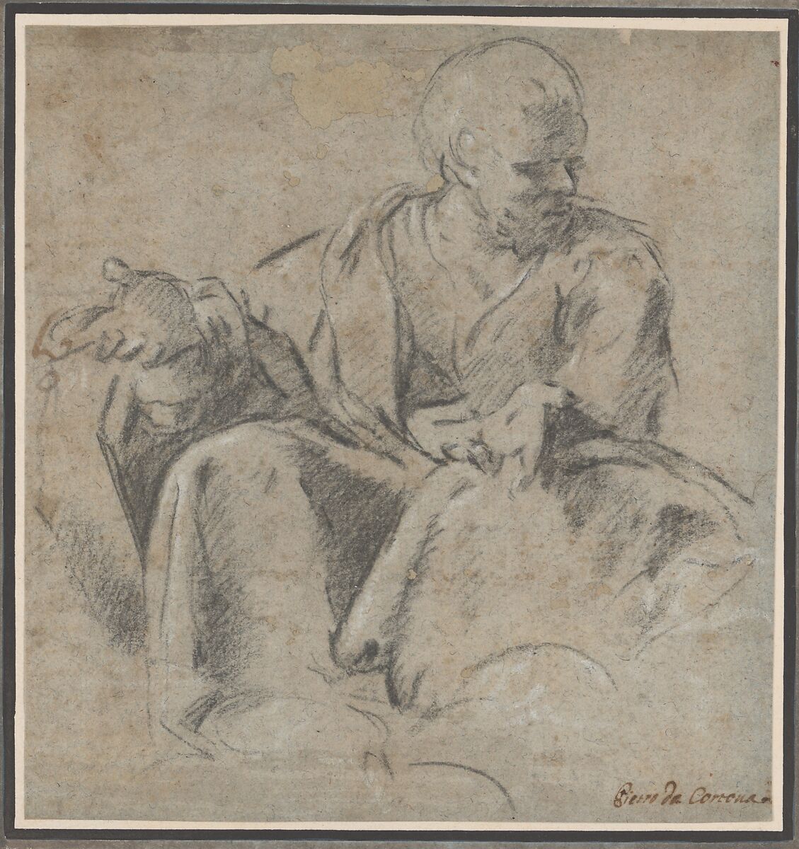 Study for a Figure of Saint Joseph, Bartolomeo Schedoni (Italian, Formigine 1578–1615 Parma), Black chalk, highlighted with white gouache, on blue-gray paper