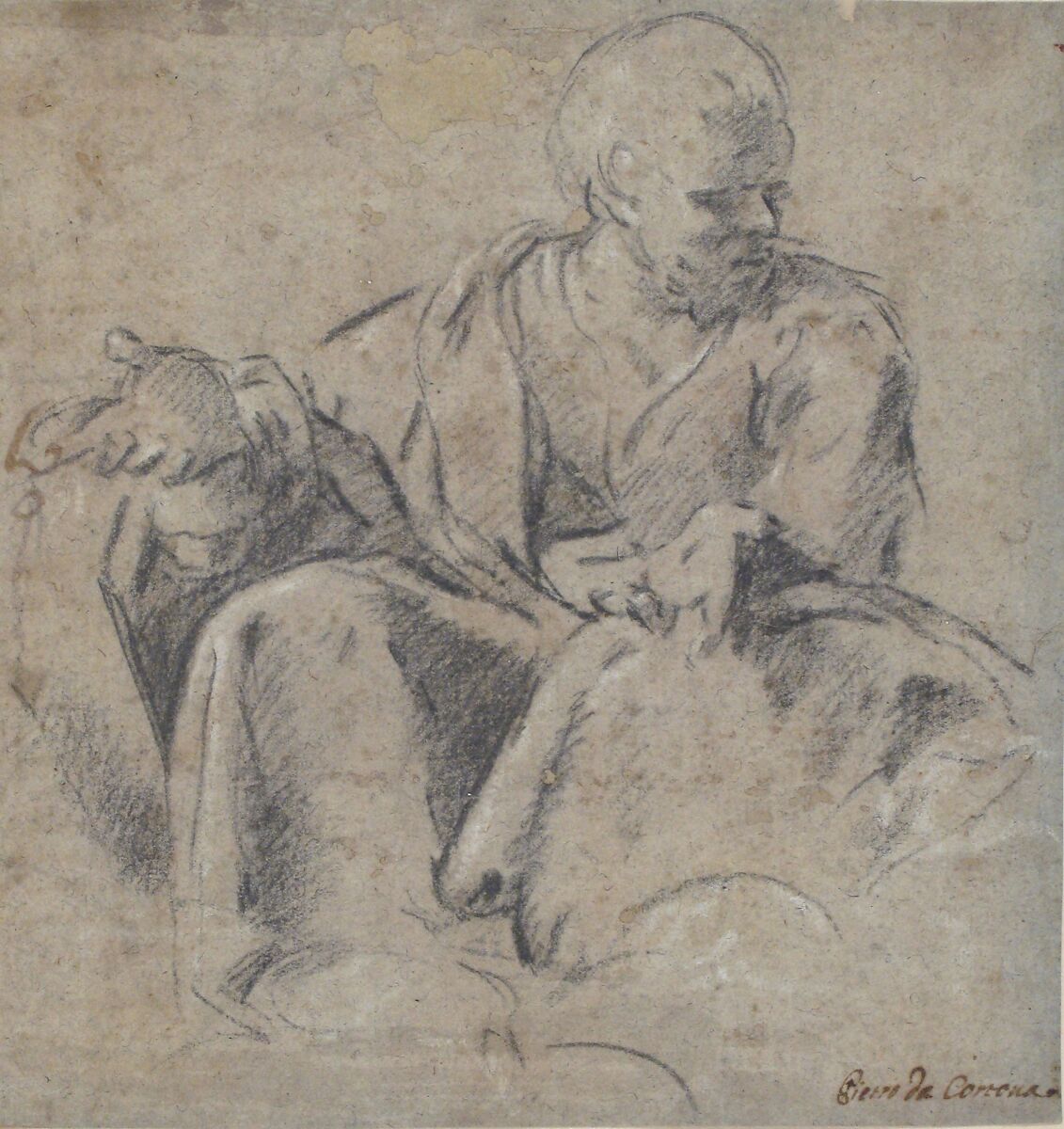 Study for a Figure of Saint Joseph, Bartolomeo Schedoni (Italian, Formigine 1578–1615 Parma), Black chalk, highlighted with white gouache, on blue-gray paper