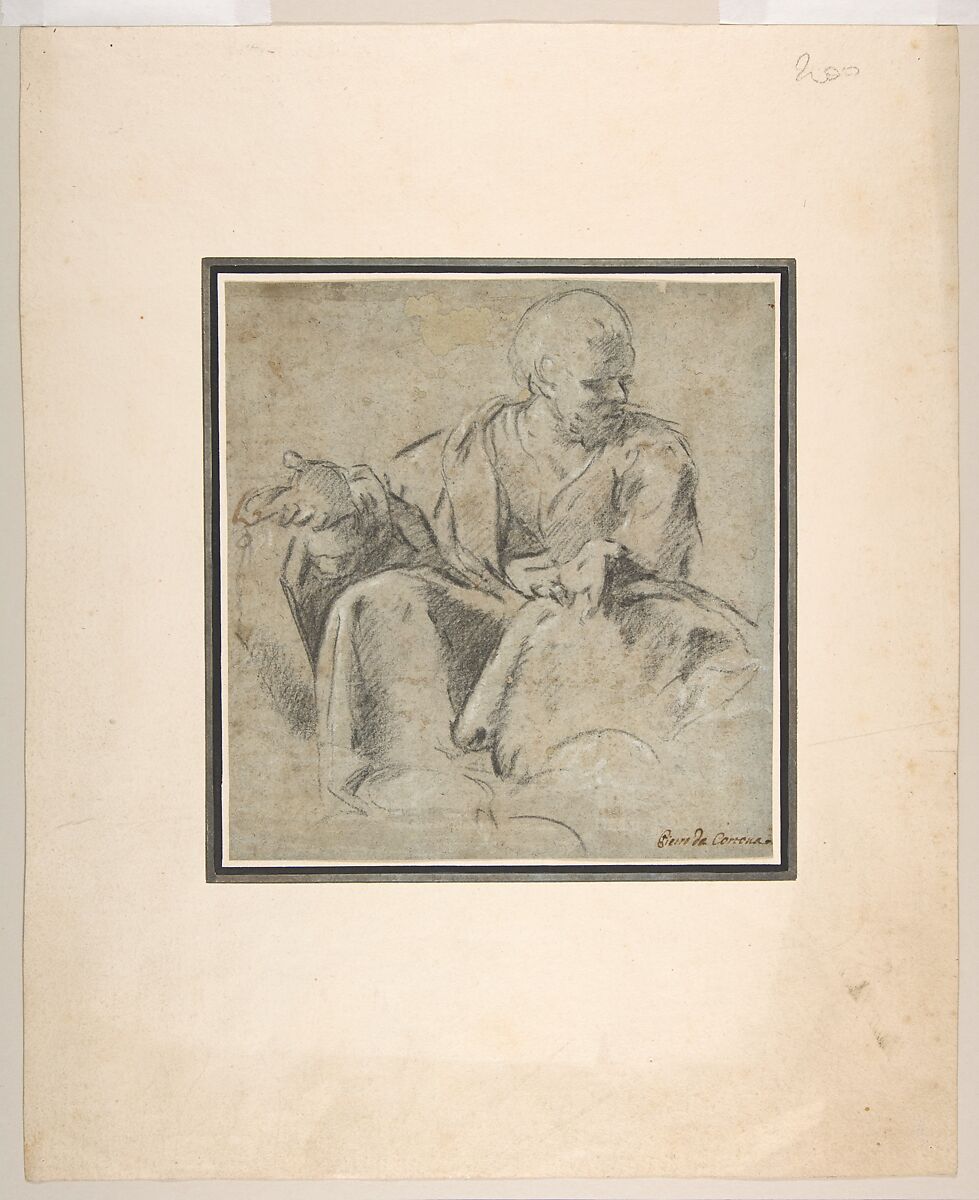 Study for a Figure of Saint Joseph, Bartolomeo Schedoni (Italian, Formigine 1578–1615 Parma), Black chalk, highlighted with white gouache, on blue-gray paper 