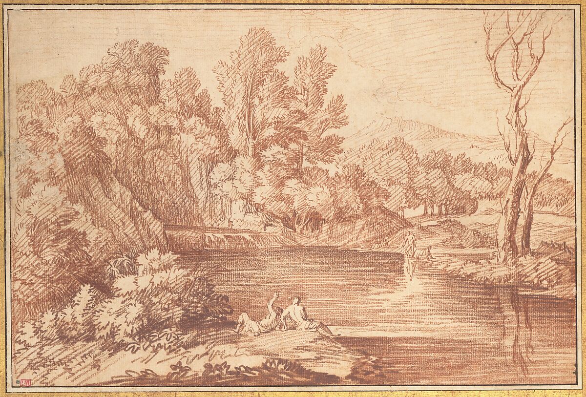 Landscape with Figures on the Bank of a River, Gaspard Dughet (French, Rome 1615–1675 Rome), Red chalk 