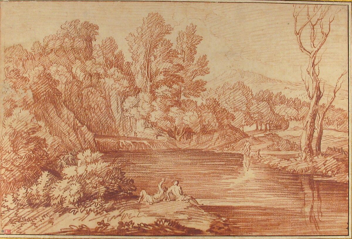 Landscape with Figures on the Bank of a River, Gaspard Dughet (French, Rome 1615–1675 Rome), Red chalk
