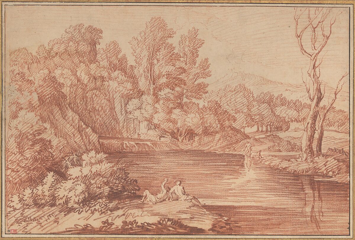 Landscape with Figures on the Bank of a River, Gaspard Dughet (French, Rome 1615–1675 Rome), Red chalk