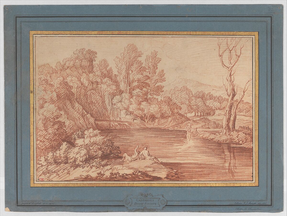 Landscape with Figures on the Bank of a River, Gaspard Dughet (French, Rome 1615–1675 Rome), Red chalk