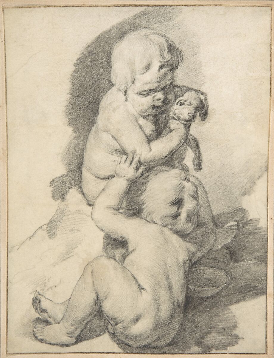 Two Boys with a Puppy, Cornelis Visscher (Dutch, Haarlem (?) 1628/29–1658 Amsterdam), Black chalk and graphite on parchment 