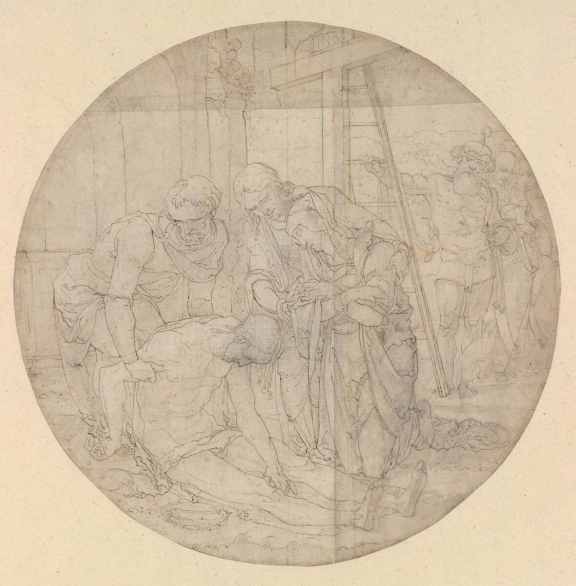 Christ at the Foot of the Cross, Mourned by Mary and John, Nicolaas Hogenberg (Netherlandish, Munich ca. 1500–1539 Mechelen), Pen and brown ink and wash with traces of black chalk, on three joined sheets of paper, circular. Verso:  black chalk 