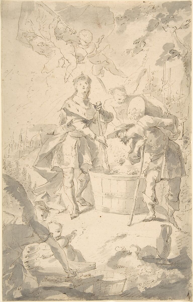 Saint Wenceslas at the Vintage, Attended by Angels and Putti, Franz Anton Maulbertsch (Austrian, Langenargen am Bodensee 1724–1796 Vienna), Brown ink with gray wash 
