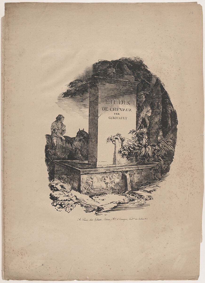 Watering Trough, Title Page of "Studies of Horses" (Etudes de Chevaux), Théodore Gericault (French, Rouen 1791–1824 Paris), Lithograph 