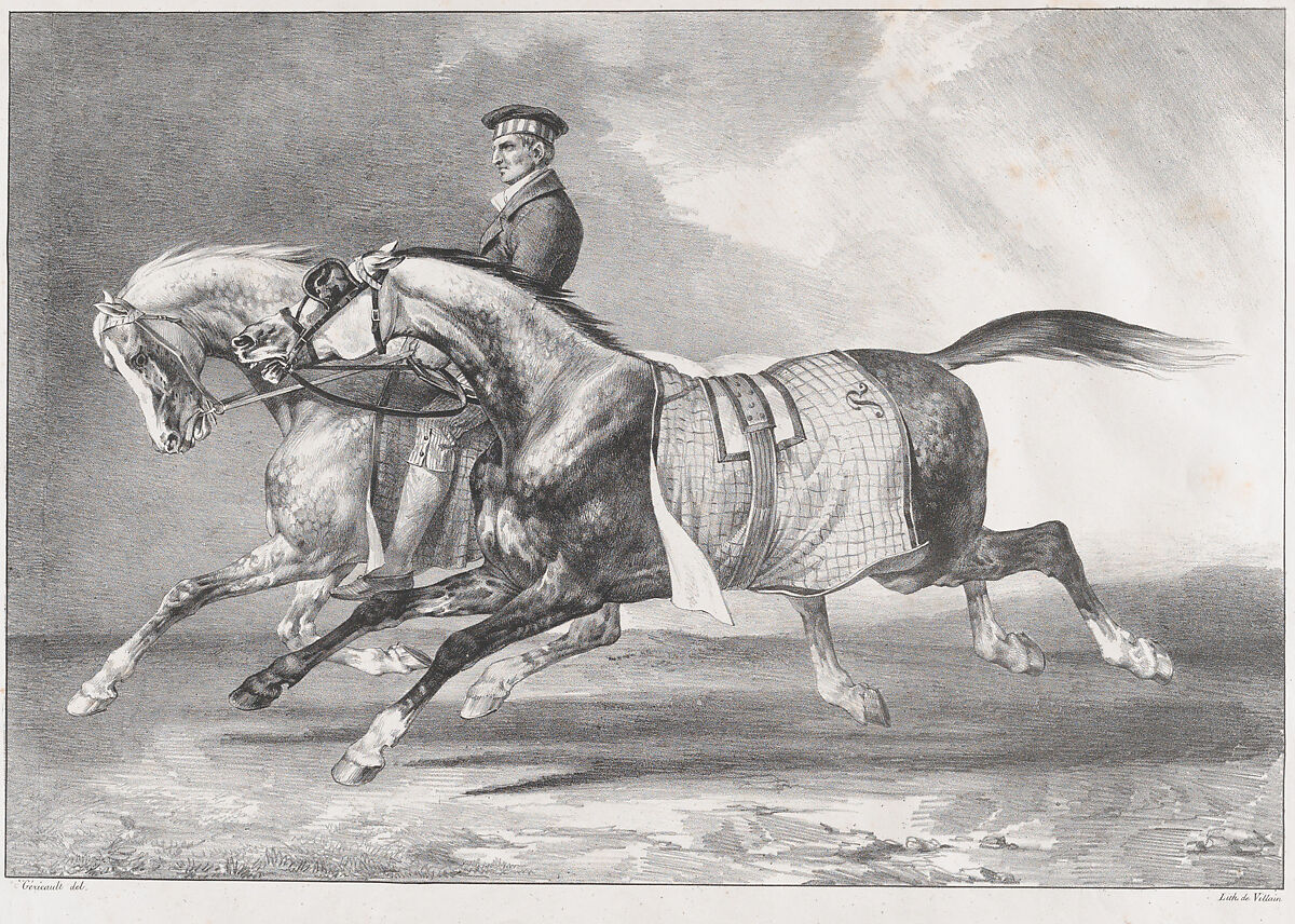 Two Dappled-Grey Horses Being Exercised, Théodore Gericault (French, Rouen 1791–1824 Paris), Lithograph 