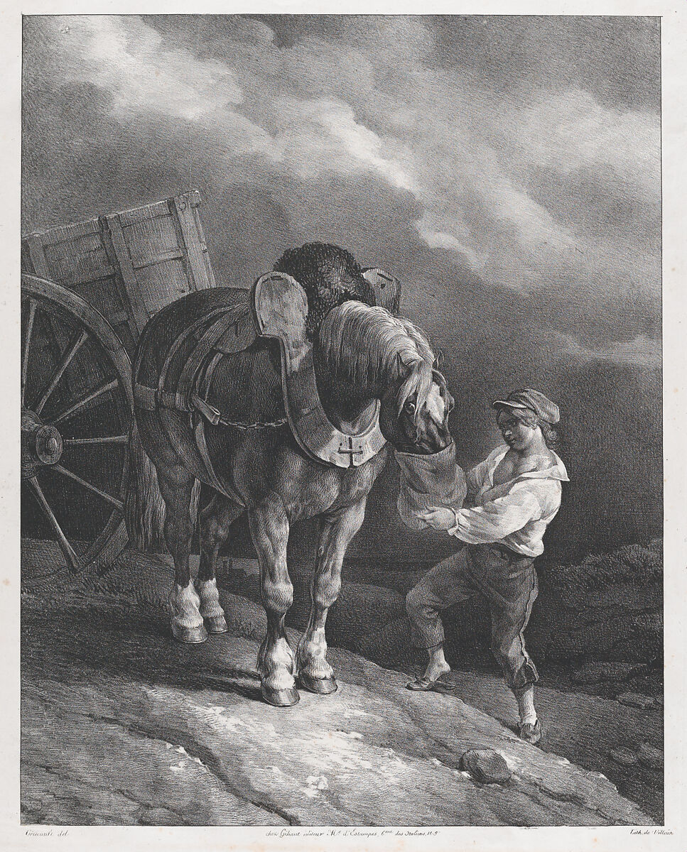 Boy Feeding a Cart Horse from a Nose Bag, Théodore Gericault (French, Rouen 1791–1824 Paris), Lithograph 