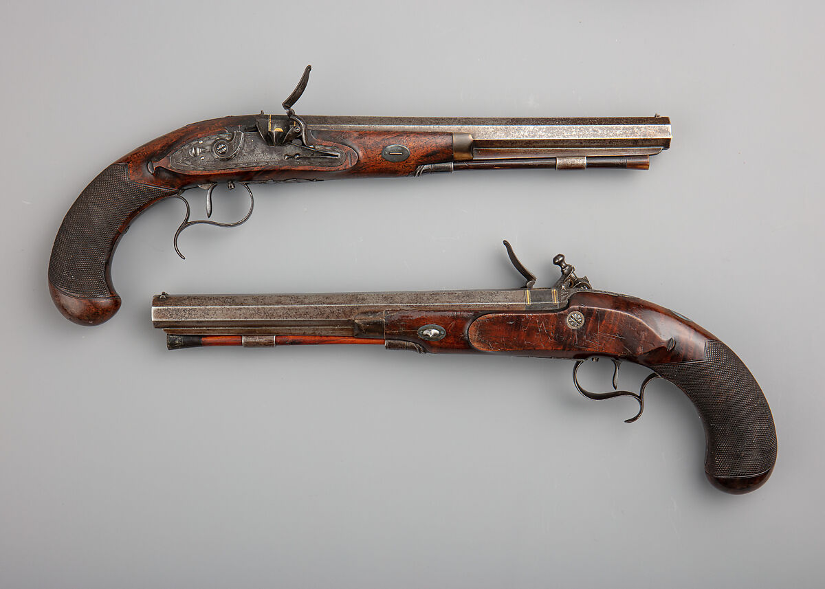 Pair of Flintlock Duelling Pistols, Simeon North (American, Middletown, Connecticut, 1765–1852), Steel, gold, silver, wood (walnut, hickory), horn, American, Middletown, Connecticut 