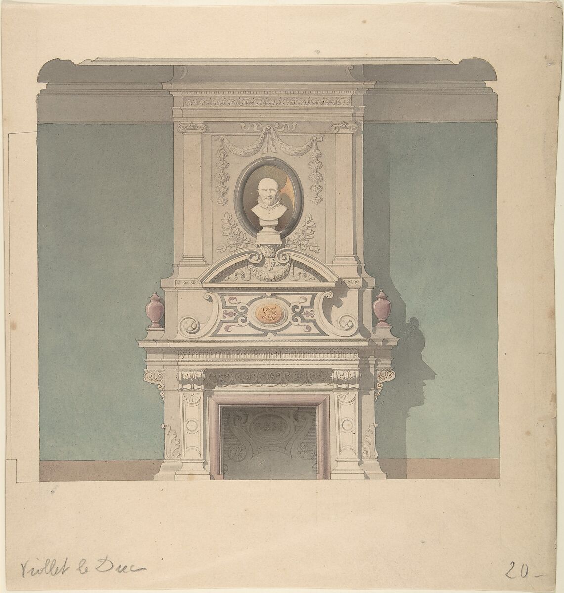 Design for Fireplace in French Renaissance Revival Style, Anonymous, French, 19th century, Graphite, pen and black ink, brush and gray wash, watercolor 