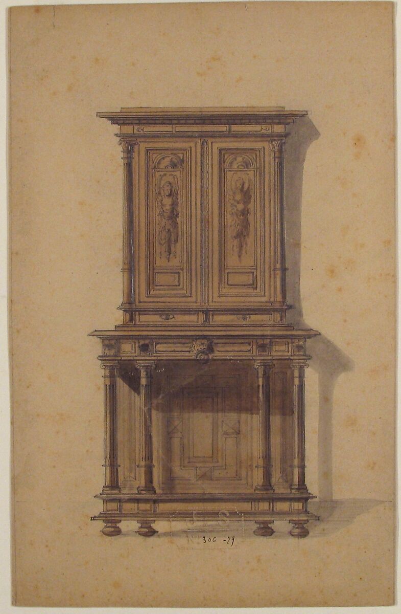 Design for a Wooden Cabinet in French Renaissance Style, Anonymous, French, 19th century, Graphite, brush and brown and gray wash, with framing lines in graphite