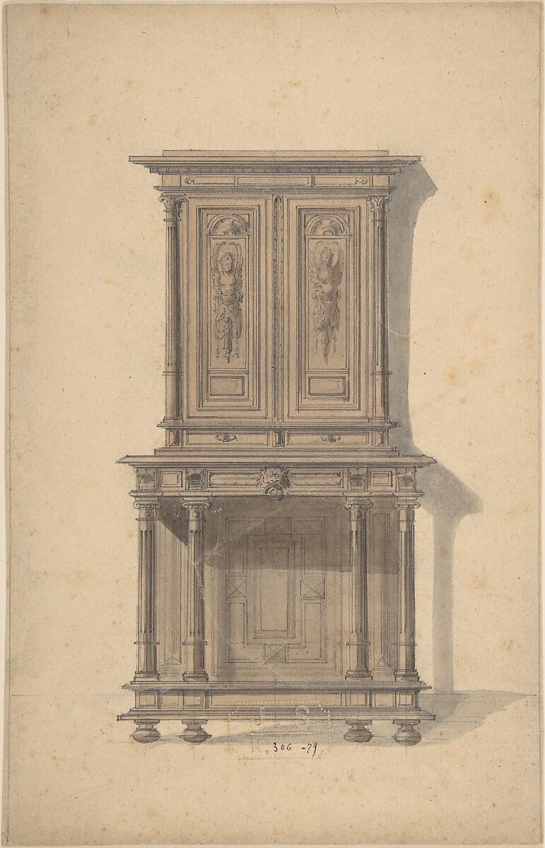 Design for a Wooden Cabinet in French Renaissance Style, Anonymous, French, 19th century, Graphite, brush and brown and gray wash, with framing lines in graphite 
