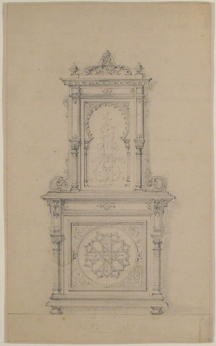 Design for a Cabinet in Moorish Style, Anonymous, French, 19th century, Graphite, with framing lines in graphite