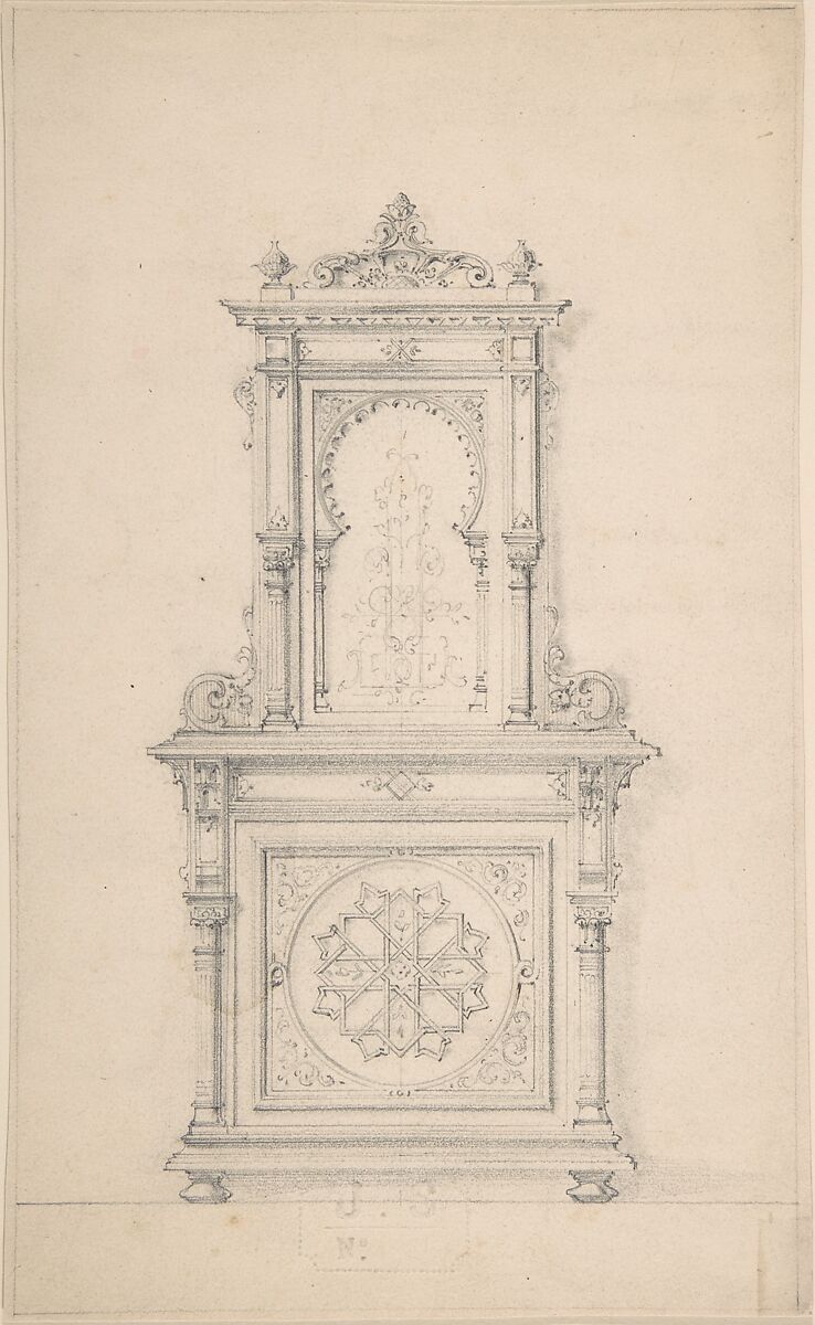 Design for a Cabinet in Moorish Style, Anonymous, French, 19th century, Graphite, with framing lines in graphite 