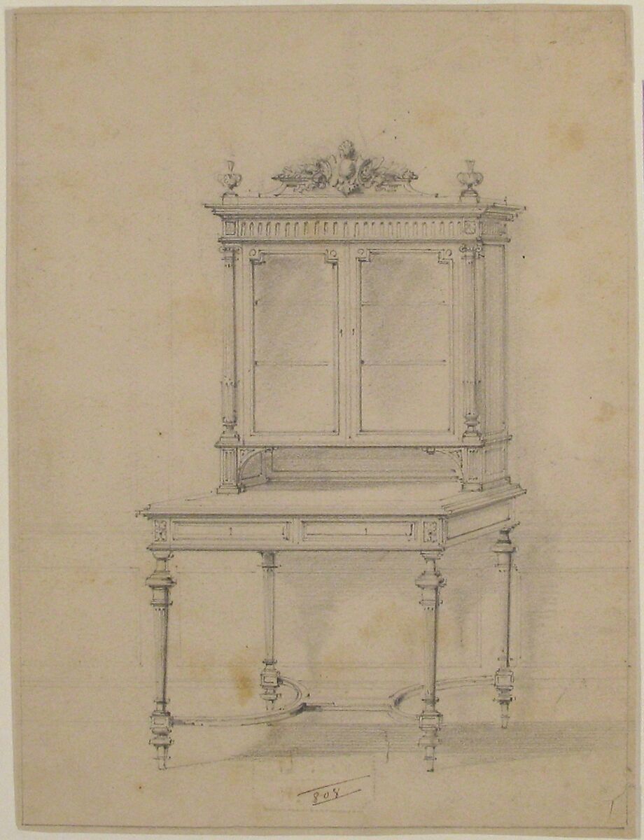 Design for a Desk with Cabinet, Anonymous, French, 19th century, Graphite, with framing lines in graphite