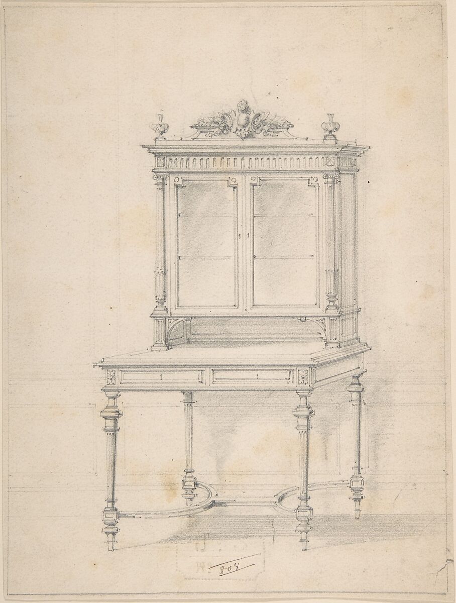 Design for a Desk with Cabinet, Anonymous, French, 19th century, Graphite, with framing lines in graphite 