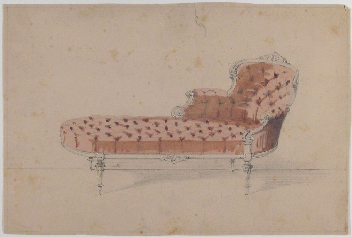 Design for Chaise Lounge, Anonymous, French, 19th century, Graphite, brush and rose wash, with framing lines in graphite
