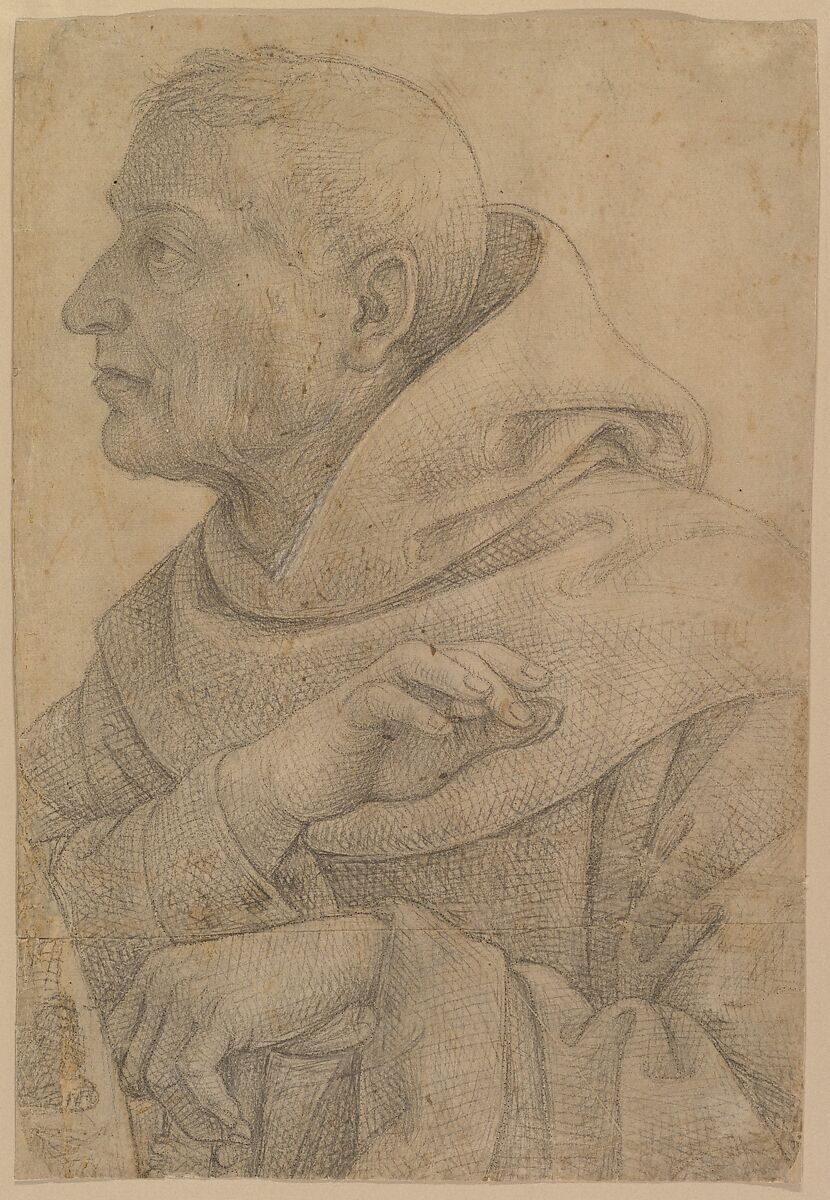 The Blessed Egidius (Cartoon for a Fresco in chapel at S. Maria degli Angeli, Assisi), Lo Spagna (Giovanni di Pietro) (Italian, Spain (?) ca. 1450–1528 Perugia), Charcoal or black chalk; outlines pricked and pounced for transfer 