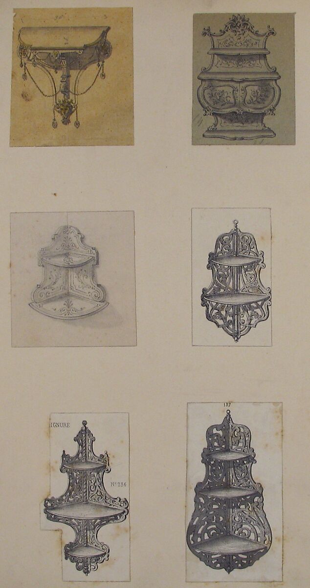 Six Designs for Hanging Shelves, Anonymous, French, 19th century, Lithograph, graphite