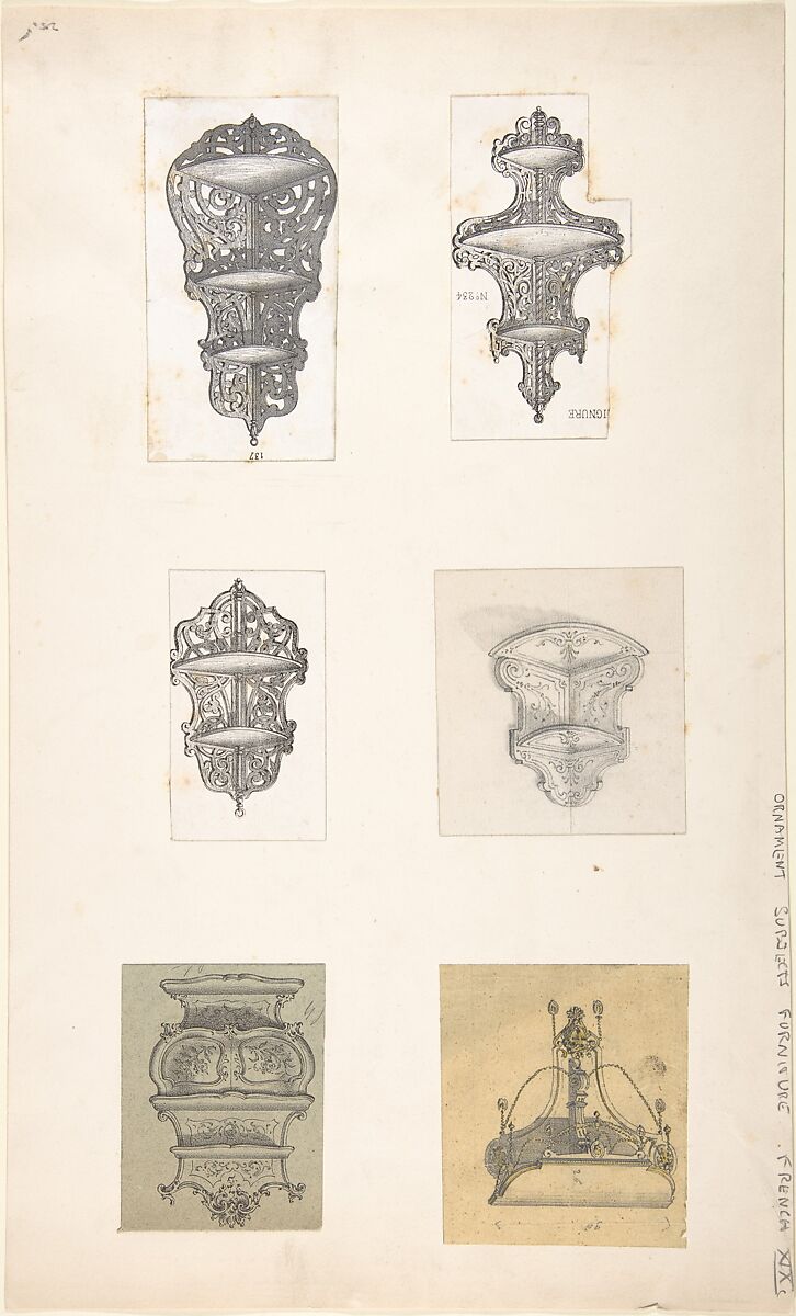Six Designs for Hanging Shelves, Anonymous, French, 19th century, Lithograph, graphite 
