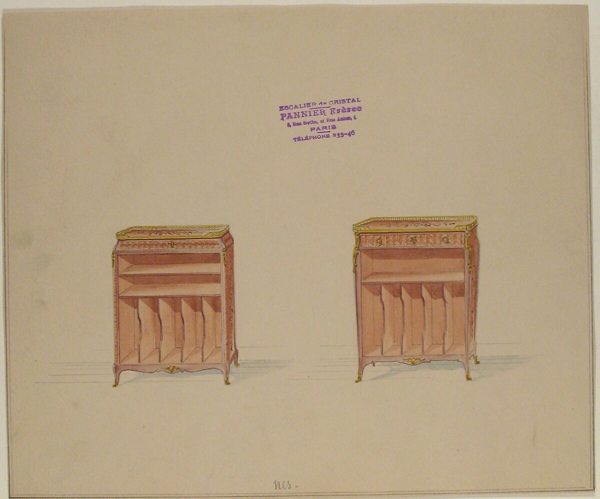 Two Designs for Tables with Shelves and Dividers, Anonymous, French, 19th century, Graphite and watercolor on wove paper 