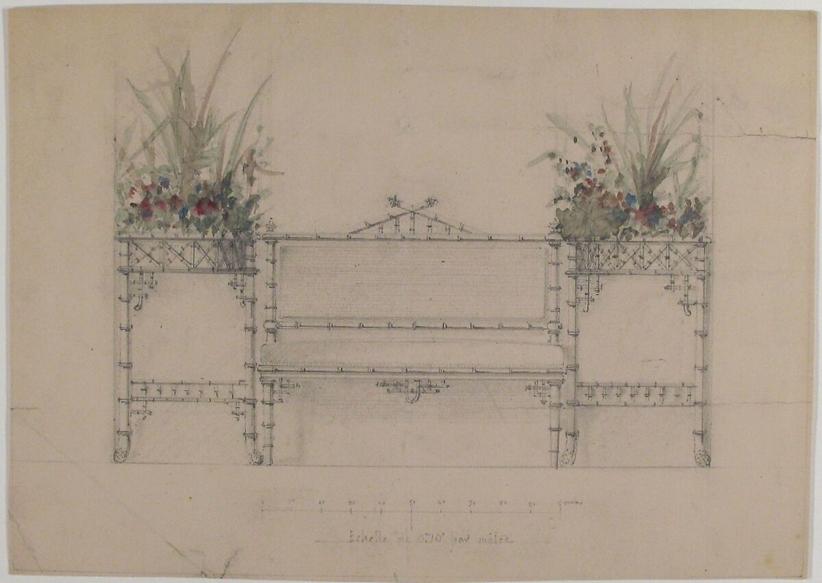 Design for Chinois Bench and Planters, Anonymous, French, 19th century, Graphite and watercolor