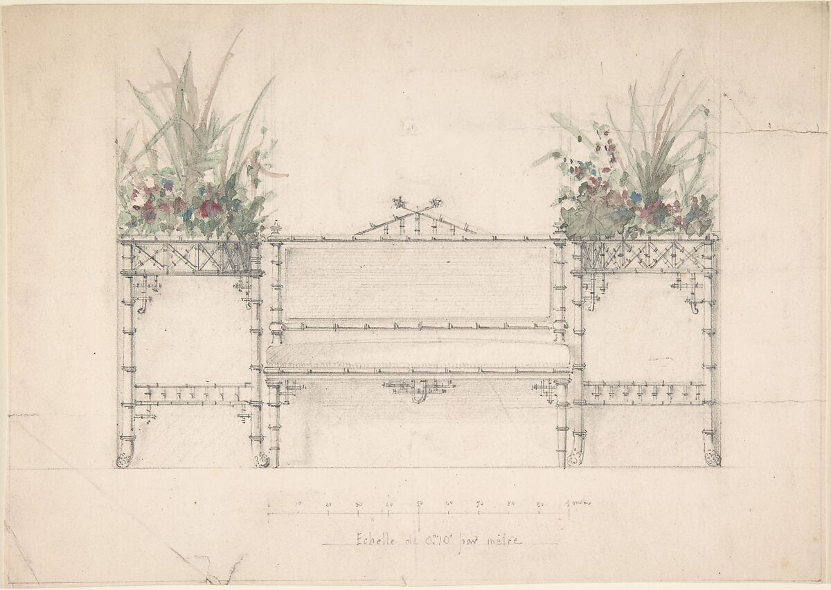Design for Chinois Bench and Planters, Anonymous, French, 19th century, Graphite and watercolor 