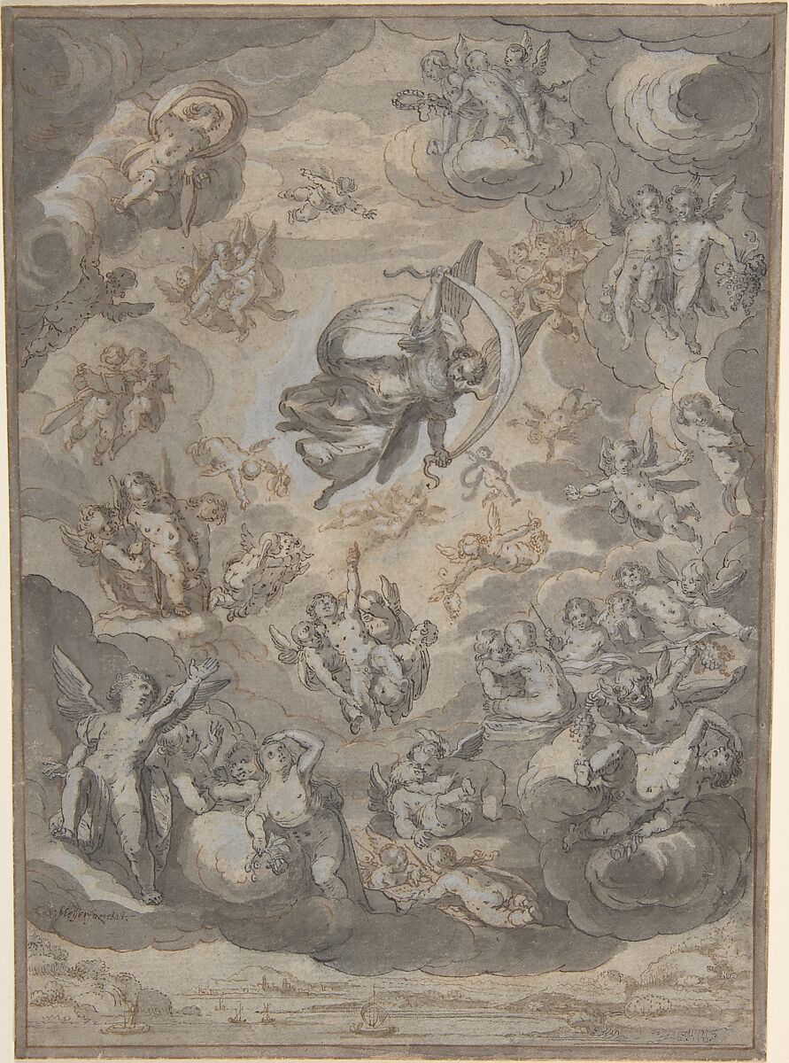 Flying Putti, Surrounding Archangel Raphael, Conrad Meyer (Swiss, Zürich 1618–1689 Zürich), Pen and brown and black ink, gray and brown wash, heightened in white 