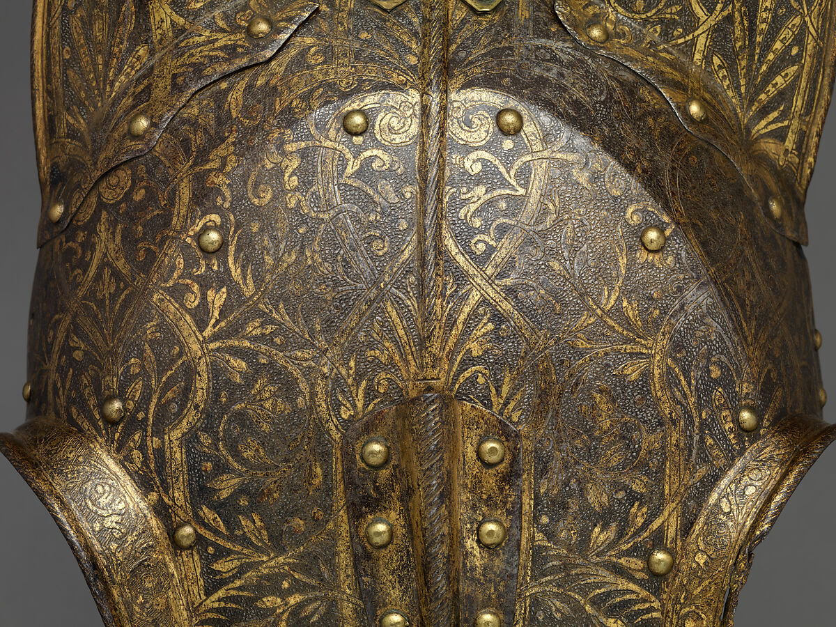 Armor for Heavy Cavalry with Matching Shaffron (Horse's Head Defense), Steel, gold, leather, textile, French