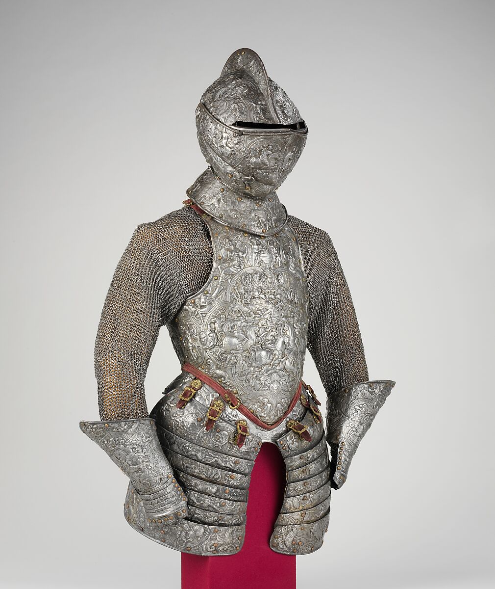 Portions of a Ceremonial Armor, Steel, copper alloy, gold, leather, textile, French 